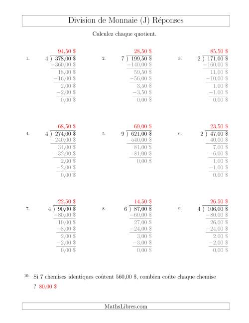 Division de Montants par Tranches de 50 Sous par un Diviseur à Un Chiffre ($) (J) page 2