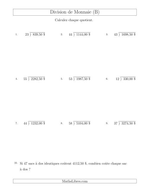 Division de Montants par Tranches de 50 Sous par un Diviseur à Deux Chiffres ($) (B)