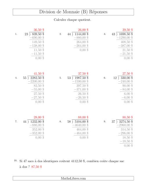 Division de Montants par Tranches de 50 Sous par un Diviseur à Deux Chiffres ($) (B) page 2
