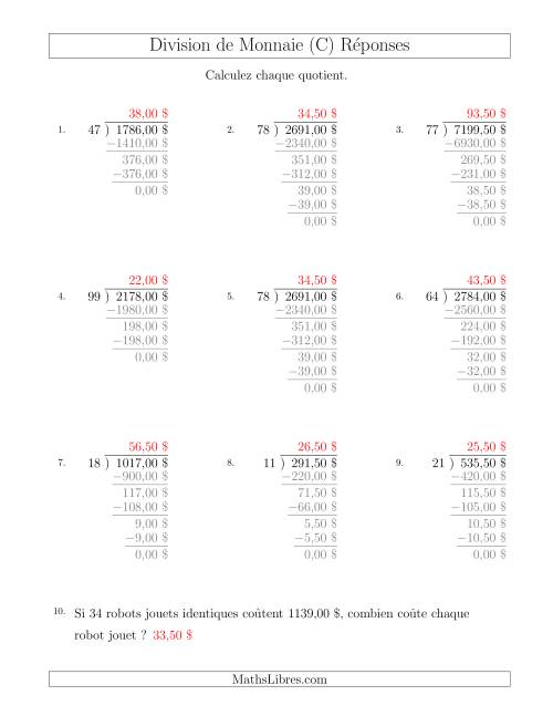 Division de Montants par Tranches de 50 Sous par un Diviseur à Deux Chiffres ($) (C) page 2
