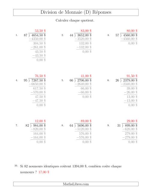 Division de Montants par Tranches de 50 Sous par un Diviseur à Deux Chiffres ($) (D) page 2