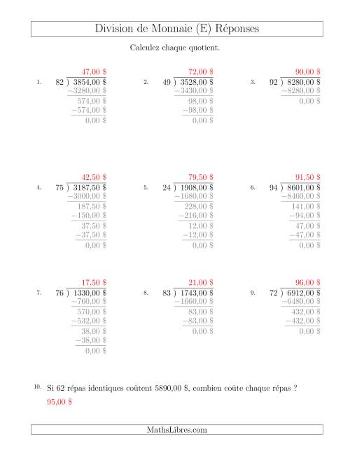 Division de Montants par Tranches de 50 Sous par un Diviseur à Deux Chiffres ($) (E) page 2