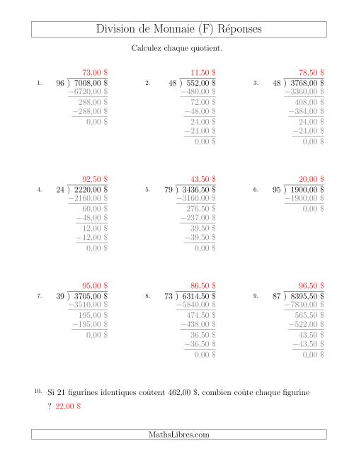 Division de Montants par Tranches de 50 Sous par un Diviseur à Deux Chiffres ($) (F) page 2
