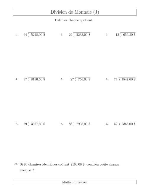 Division de Montants par Tranches de 50 Sous par un Diviseur à Deux Chiffres ($) (J)