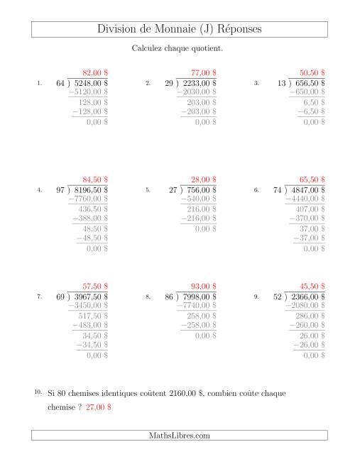 Division de Montants par Tranches de 50 Sous par un Diviseur à Deux Chiffres ($) (J) page 2