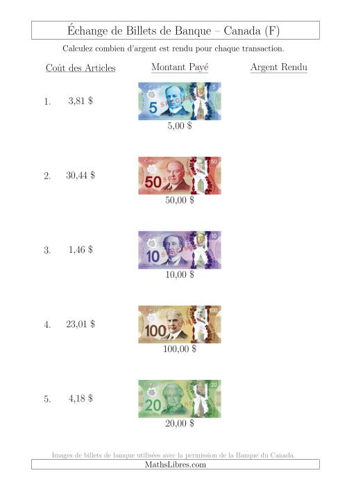 Échange de Billets de Banque Canadiens Jusqu'à 100 $ (F)