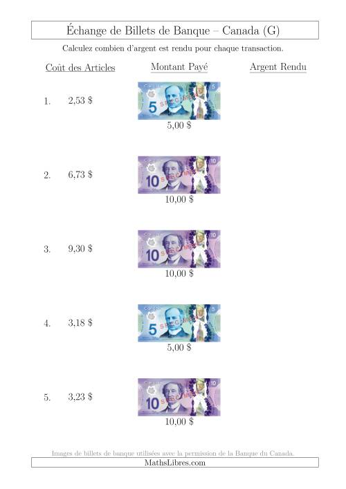 Échange de Billets de Banque Canadiens Jusqu'à 10 $ (G)
