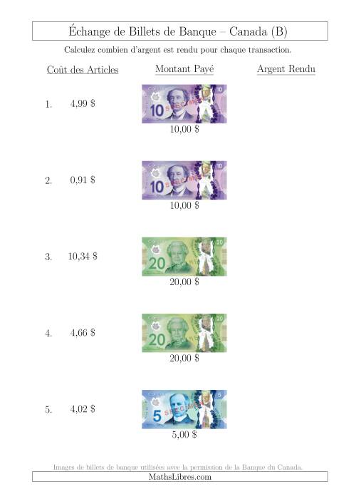 Échange de Billets de Banque Canadiens Jusqu'à 20 $ (B)