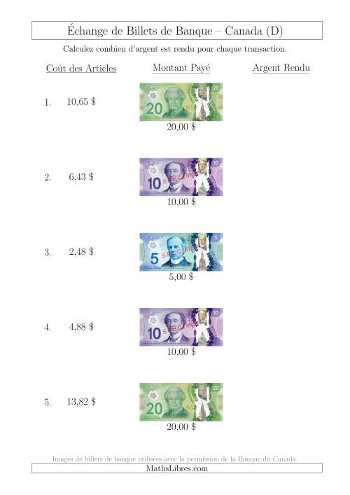 Échange de Billets de Banque Canadiens Jusqu'à 20 $ (D)