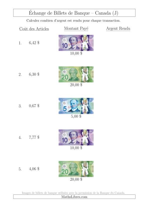 Échange de Billets de Banque Canadiens Jusqu'à 20 $ (J)