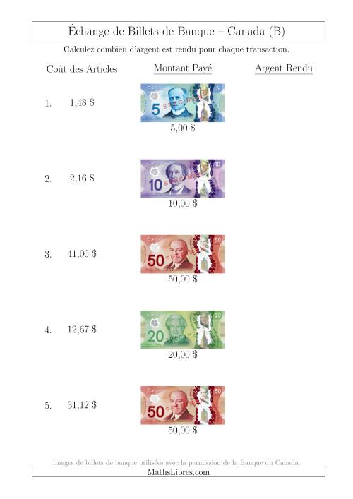 Échange de Billets de Banque Canadiens Jusqu'à 50 $ (B)