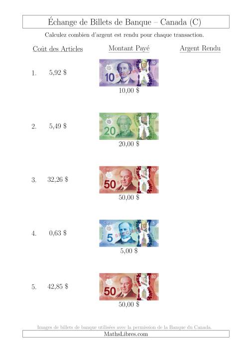 Échange de Billets de Banque Canadiens Jusqu'à 50 $ (C)