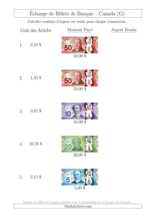 Échange de Billets de Banque Canadiens Jusqu'à 50 $ (G)
