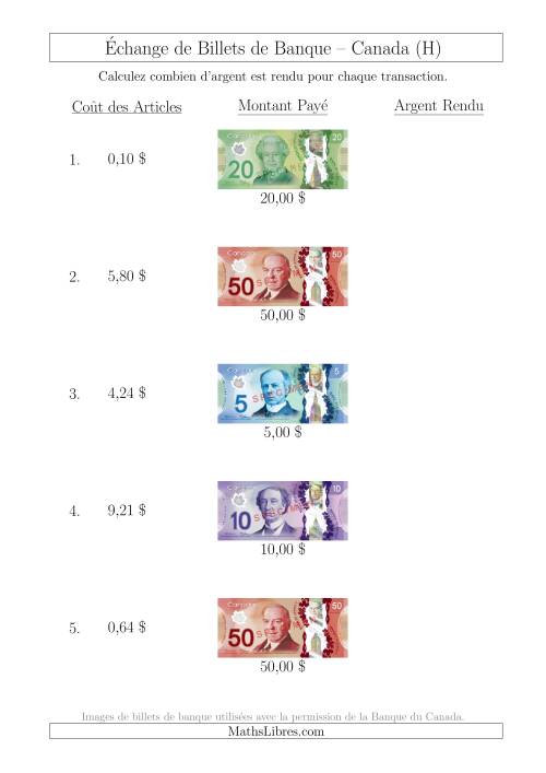 Échange de Billets de Banque Canadiens Jusqu'à 50 $ (H)