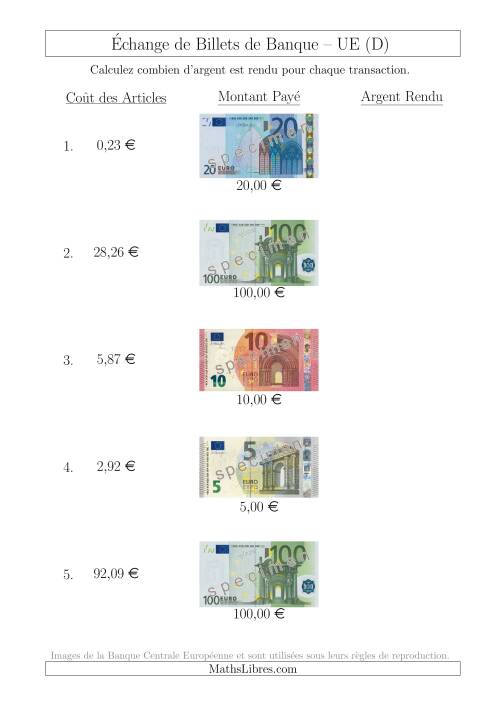 Échange de Billets de Banque UE Jusqu’à 100 € (D)