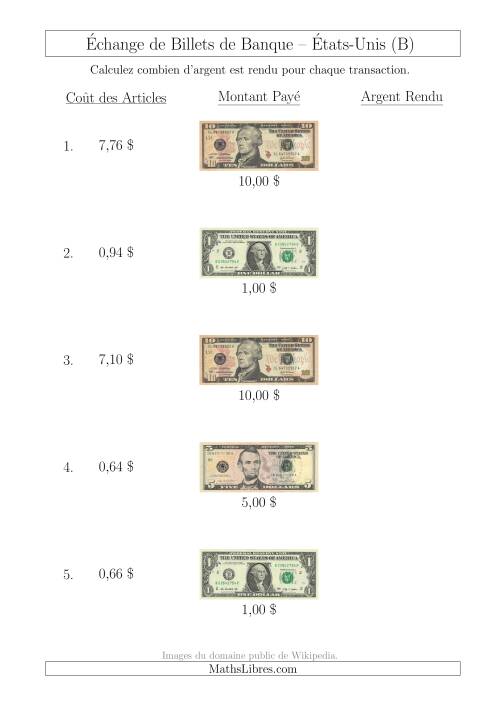 Échange de Billets de Banque Américains Jusqu'à 10 $ (B)