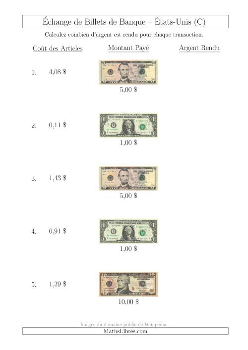 Échange de Billets de Banque Américains Jusqu'à 10 $ (C)