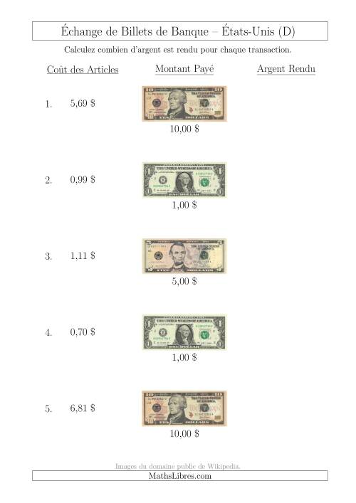 Échange de Billets de Banque Américains Jusqu'à 10 $ (D)