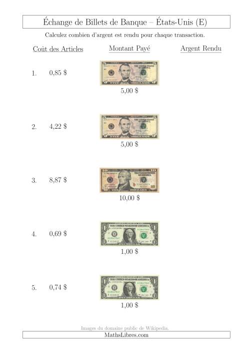 Échange de Billets de Banque Américains Jusqu'à 10 $ (E)