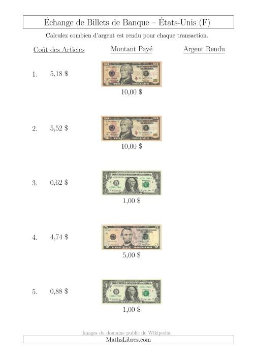 Échange de Billets de Banque Américains Jusqu'à 10 $ (F)