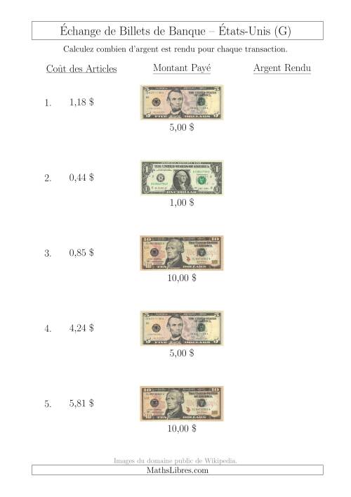 Échange de Billets de Banque Américains Jusqu'à 10 $ (G)