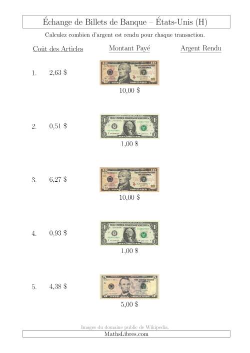 Échange de Billets de Banque Américains Jusqu'à 10 $ (H)