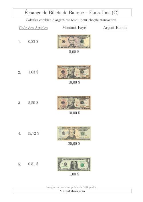 Échange de Billets de Banque Américains Jusqu'à 20 $ (C)