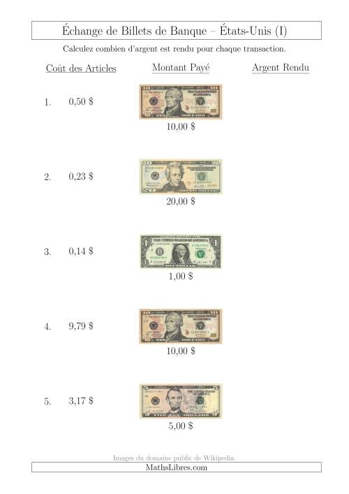 Échange de Billets de Banque Américains Jusqu'à 20 $ (I)