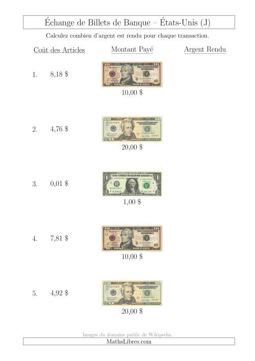 Échange de Billets de Banque Américains Jusqu'à 20 $ (J)
