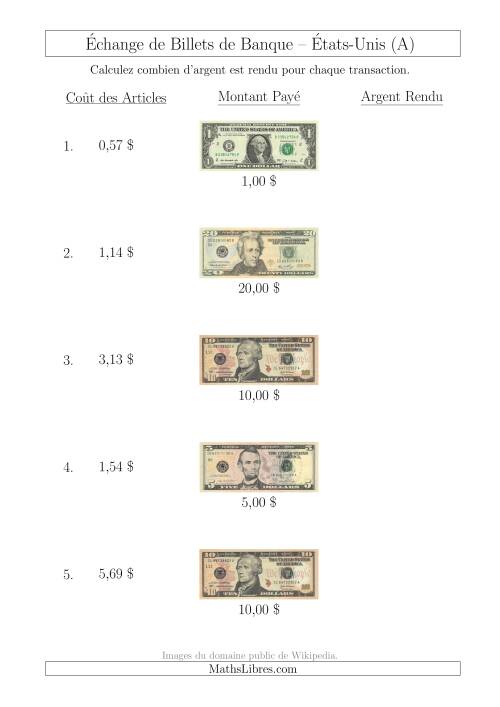 Échange de Billets de Banque Américains Jusqu'à 20 $ (Tout)