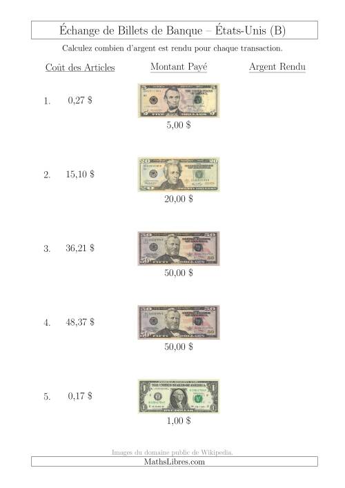 Échange de Billets de Banque Américains Jusqu'à 50 $ (B)