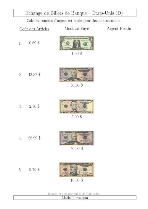 Échange de Billets de Banque Américains Jusqu'à 50 $ (D)