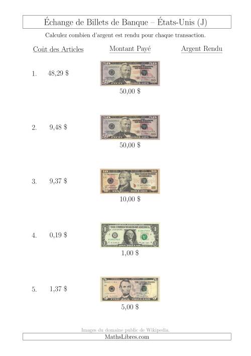 Échange de Billets de Banque Américains Jusqu'à 50 $ (J)