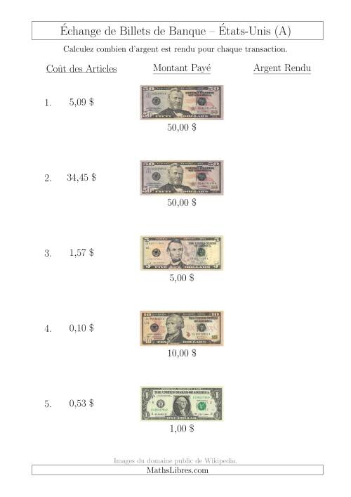 Échange de Billets de Banque Américains Jusqu'à 50 $ (Tout)