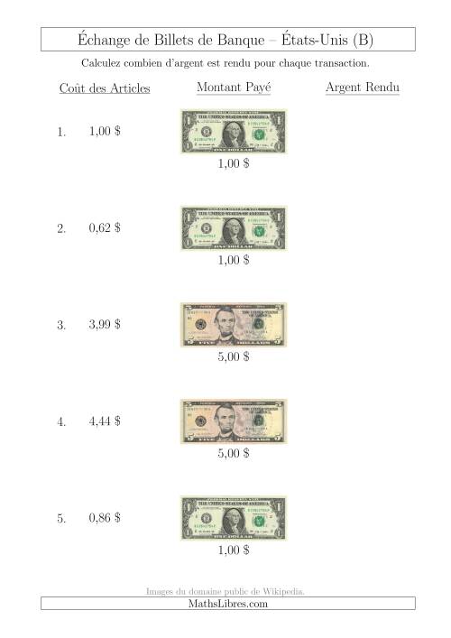 Échange de Billets de Banque Américains Jusqu'à 5 $ (B)