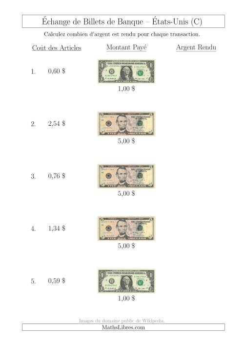 Échange de Billets de Banque Américains Jusqu'à 5 $ (C)
