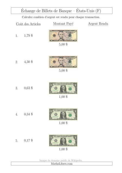Échange de Billets de Banque Américains Jusqu'à 5 $ (F)