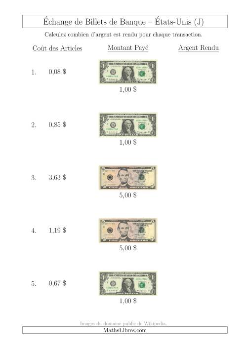 Échange de Billets de Banque Américains Jusqu'à 5 $ (J)