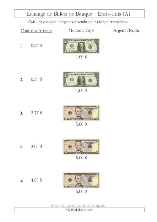 Échange de Billets de Banque Américains Jusqu'à 5 $ (Tout)