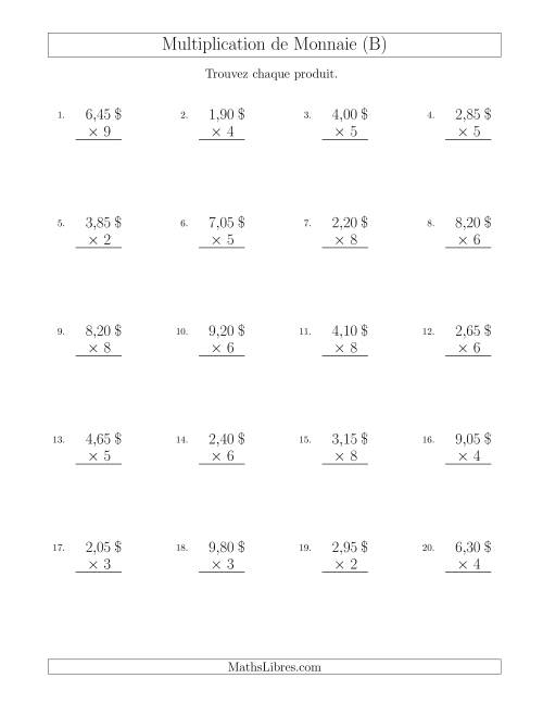 Multiplication de Montants par Bonds de 5 Cents par un Multiplicateur à Un Chiffre ($) (B)