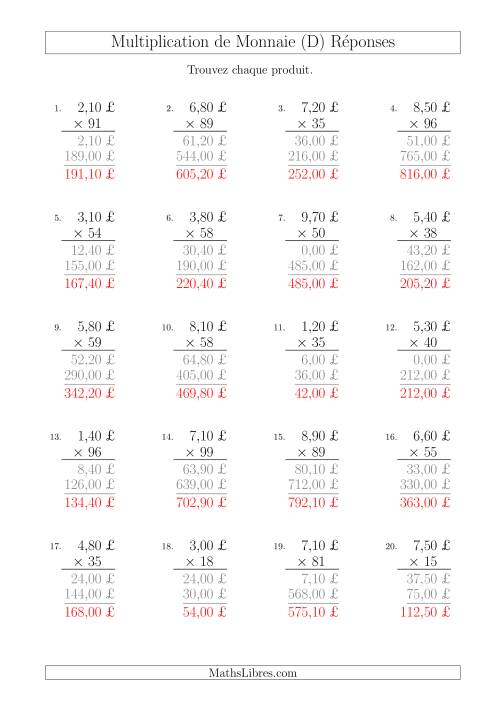 Multiplication de Montants par Bonds de 10 Cents par un Multiplicateur à Deux Chiffres (£) (D) page 2