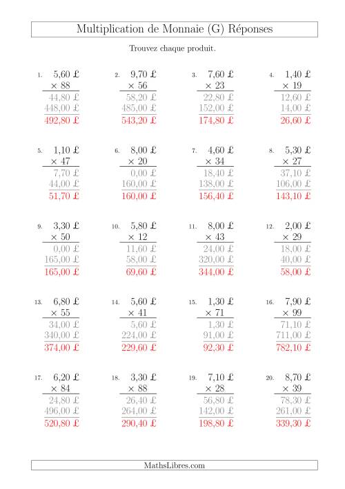 Multiplication de Montants par Bonds de 10 Cents par un Multiplicateur à Deux Chiffres (£) (G) page 2