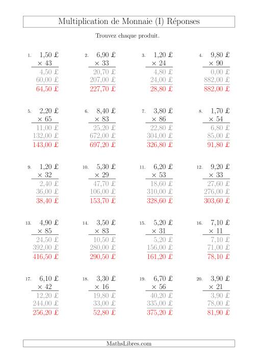 Multiplication de Montants par Bonds de 10 Cents par un Multiplicateur à Deux Chiffres (£) (I) page 2