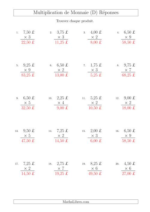 Multiplication de Montants par Bonds de 25 Cents par un Multiplicateur à Un Chiffre (£) (D) page 2