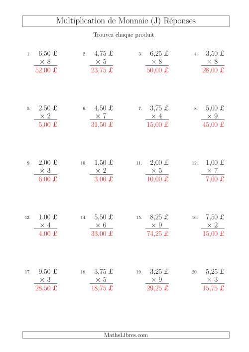 Multiplication de Montants par Bonds de 25 Cents par un Multiplicateur à Un Chiffre (£) (J) page 2