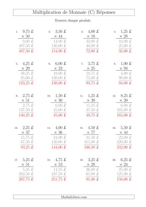 Multiplication de Montants par Bonds de 25 Cents par un Multiplicateur à Deux Chiffres (£) (C) page 2