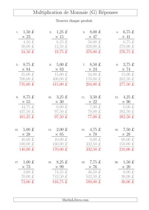 Multiplication de Montants par Bonds de 25 Cents par un Multiplicateur à Deux Chiffres (£) (G) page 2