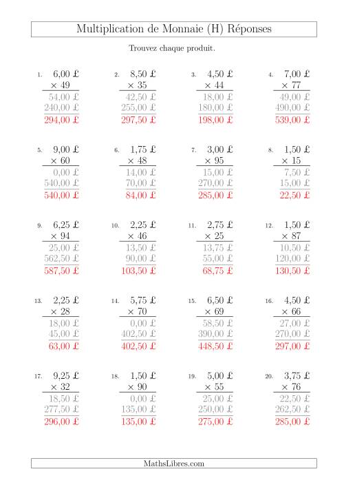 Multiplication de Montants par Bonds de 25 Cents par un Multiplicateur à Deux Chiffres (£) (H) page 2