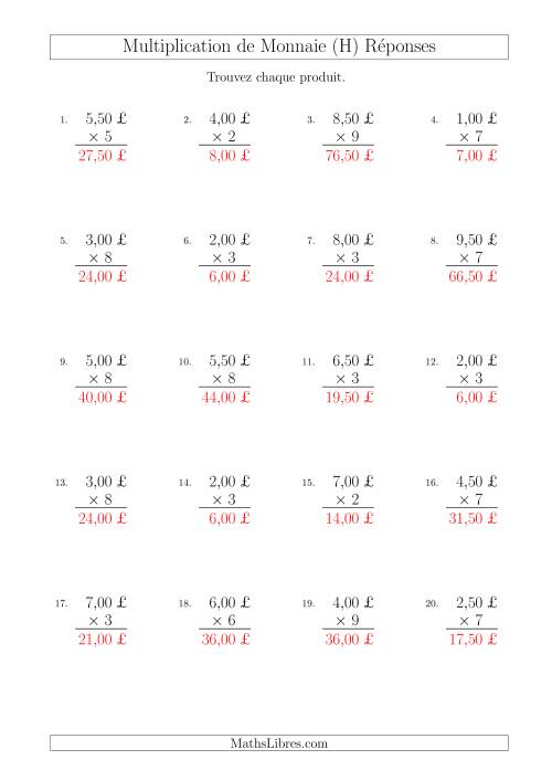 Multiplication de Montants par Bonds de 50 Cents par un Multiplicateur à Un Chiffre (£) (H) page 2