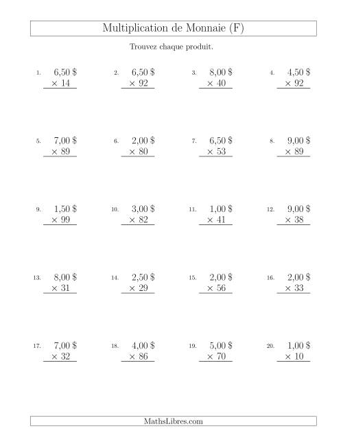 Multiplication de Montants par Bonds de 50 Cents par un Multiplicateur à Deux Chiffres ($) (F)